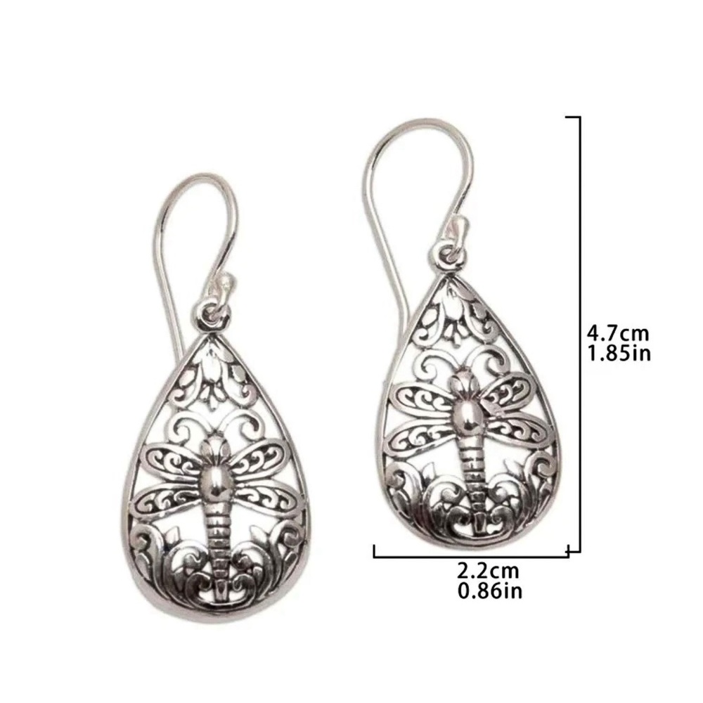 Silver Boho Teardrop Dragonfly Drop Earrings - Picture 3 of 4